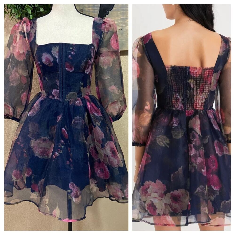 NWOT Lulus Lovely Idea Navy Blue Floral Three-Quarter Sleeve Skater Dress - Picture 12 of 12